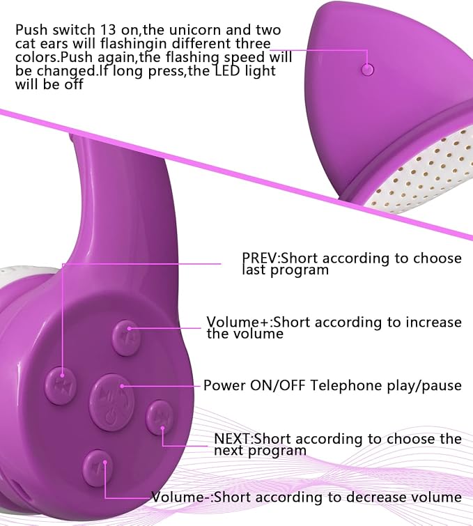 Unicorn Headphones for Girls,Bluetooth Unicorn Headphones Toddler School Laptop Cellphones Plane use, Light Up Wireless Kid Headphone Birthday Gifts (Dark Purple)