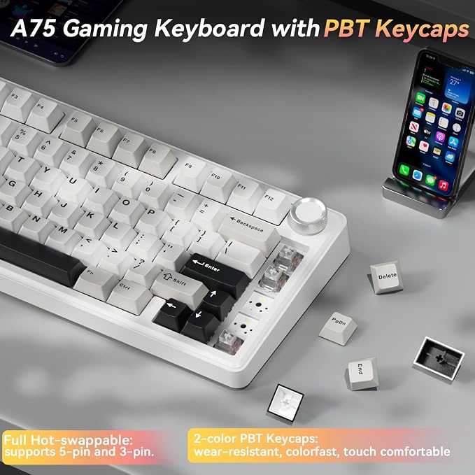 SOLAKAKA A75 75% Wireless Mechanical Keyboard, Hot Swappable Gaming Keyboard with Multifunction Knob & RGB, Gasket Mounted Creamy Keyboard, PBT Keycaps, Compact Layout for Win/Mac/PC