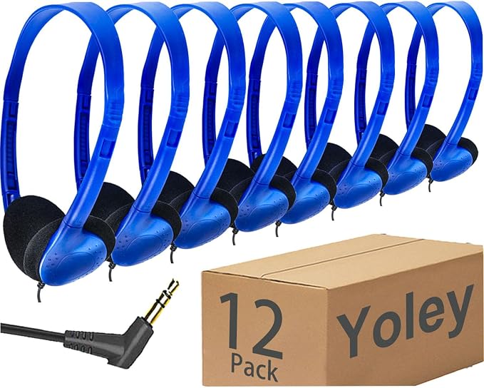 Classroom Headphones Bulk 12 Pack Class Set for School Students Kids and Adult -Sturdy Wired 3.5mm Plug (Blue, 12 Pack)