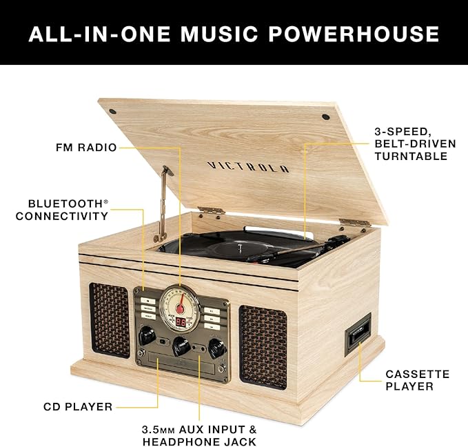 Victrola The Quincy 6-in-1 Bluetooth Record Player & Multimedia Center with Built-in Speakers – 3-Speed Turntable, CD & Cassette Player, FM Radio, Wireless Music Streaming (Farmhouse Oatmeal)