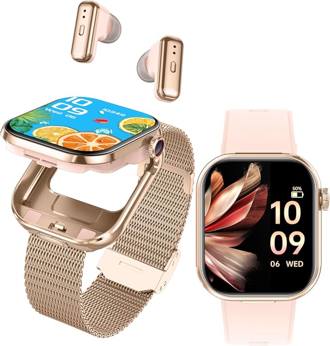 Smart Watch with Earbuds, 2.02" HD Screen, 2 in 1 Fitness Tracker with Wireless Earphone, Waterproof, Compatible for Android iOS, Comes with 2 Watch Straps, Rose Gold
