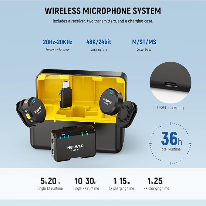 NEEWER CM29 Mini Wireless Microphone, 48KHz/24Bit Noise Cancelling Clip On Lav Mic, 25H Battery, 150m Range, Compatible with iPhone iPad Android DJI Insta360 Camera PC Mac (1RX+2TX+Charging Case)