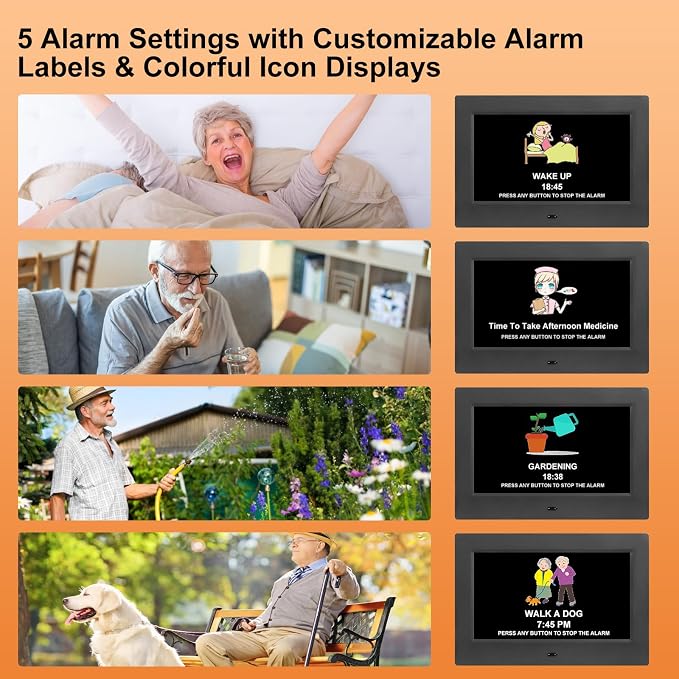 KASTISS Dementia Digital Clock for Seniors 7" Large Display Clock with Day and Date for Elderly Easy to Use 15 Alarms 5 Colors Auto Dimmable Alarm Clock for Bedroom Classroom Senior Gifts (Black)