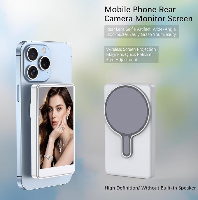 Vlog Selfie Monitor Screen for Phone, Rear Camera for Selfie Vlog Live Stream, Magnetic Mount Wireless Connection Compatible with iPhone (NOT Support 17)