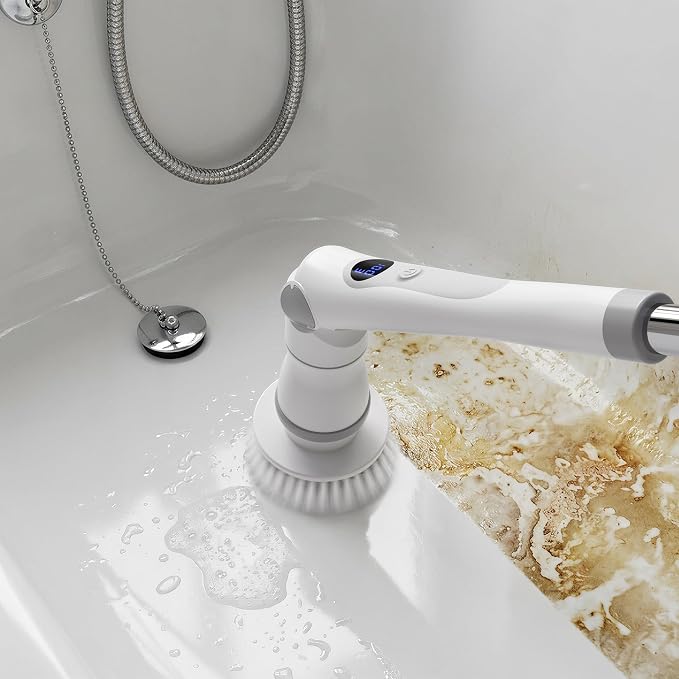 JOYMOOP Electric Spin Scrubber, 450 RPM Cordless Cleaning Brush with Power LCD Display, 9 Brush Heads Waterproof Power Scrubber with 90-Min Runtime, Adjustable Long Handle for Bathtub, Floor, Kitchen