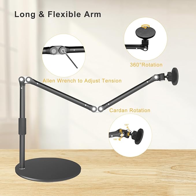 Magnetic Overhead Phone Mount for Desk, MagSafe-Compatible 17 in Long Arm iPhone Holder, 360° Swivel Stand for Video Recording, Filming, Live Streaming, Cooking, and DIY Crafts