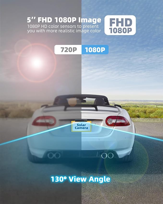 Solar Wireless Backup Camera with IR Night Vision, 3 Mins No Wires Install, Equip with 5'' HD 1080P Monitor, IP69K Waterproof Rear View Reverse Camera for Cars Trucks Trailers RV