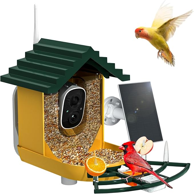 NAVFS Smart Bird Feeder with Camera Solar Powered & AI Bi rd Identification, 2.4Ghz WiFi Bird feeders for Outdoors, 2K Live Video, Instant Arrival Alerts-Green-Yellow