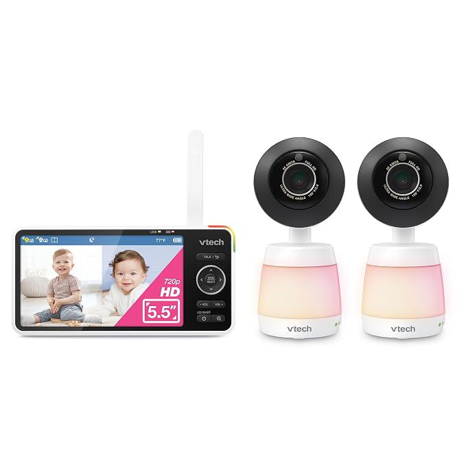 VTech Smart WiFi Baby Monitor, 2 Cameras for Twins & Two Rooms – 2K Split Screen, 5.5" Screen, 24X Zoom, Wide Angle, Free App, Night Light | Smart HD Plus Twin