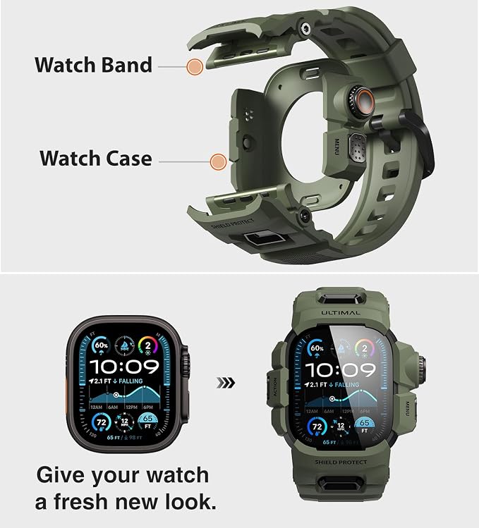 ULTIMAL Rugged Case with Band for Apple Watch 49mm,Compatible with Apple Watch Ultra 3/2/1, Military Grade Shockproof Bumper Cover for iWatch Tactical Band Men (49mm,Green)