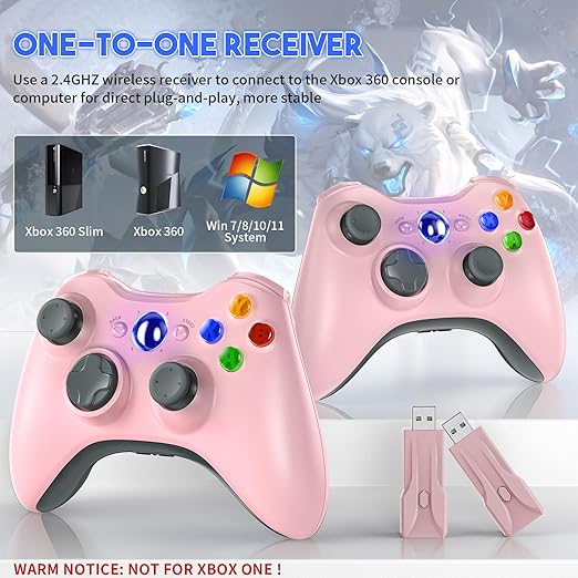Gamrombo 2 Pack Replacement for Xbox 360 Controller, Wireless Controllers Gamepad Upgraded Joystick Compatible with 360 & Slim, Windows 11/10/8/7 PC Controller with Dual Shock (White+Pink) [microsoft_xbox_360]
