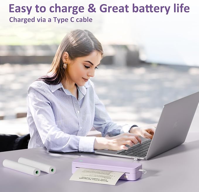 Gloryang Inkless Portable Printer for Travel, Wireless Thermal Printer Supports 8.5 x 11 Inch US Letter Size, Bluetooth Machine Includes Carry Case and 3 Rolls of Thermal Paper Kit, Purple