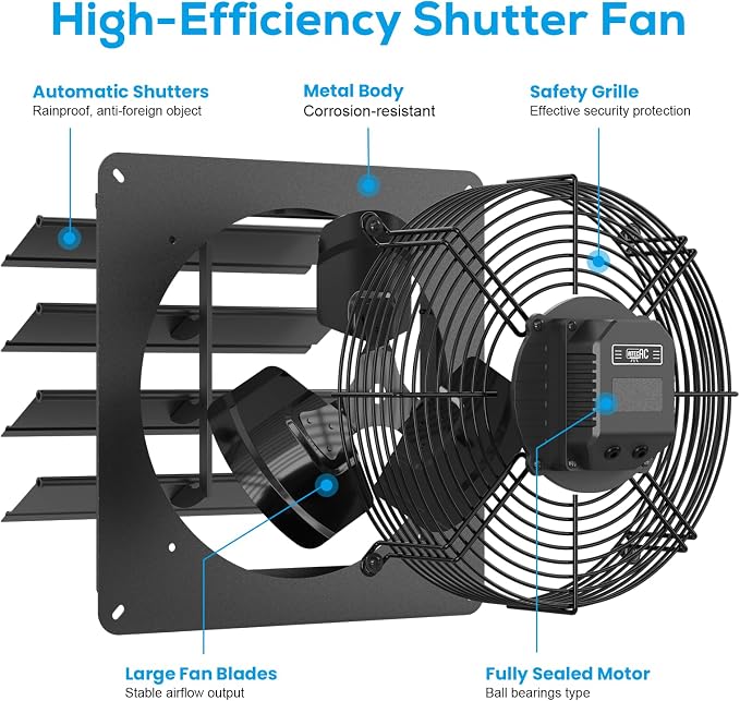 Shutter Exhaust Fan, 12'' Wall Mount Attic Fan with Speed Controller, Automatic Shutter, 1600 RPM, 5 Speed Adjustable, Ventilation and Cooling for Attic, Garage, Greenhouse