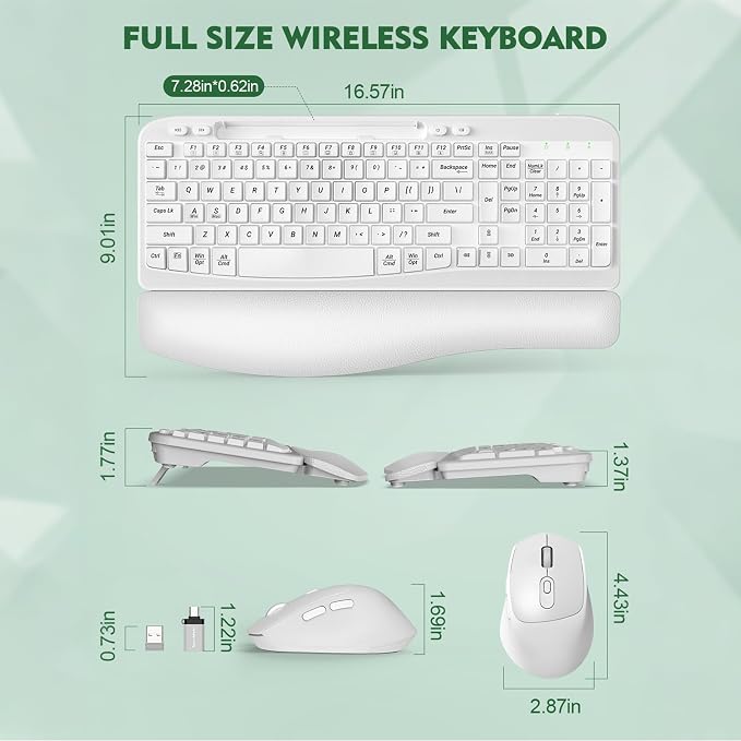 Wireless Keyboard and Mouse Combo, Full-Sized Ergonomic Wave Keys Keyboard with Memory Foam Wrist Rest & Phone Holder, 2.4G Quiet Keyboard Mouse Work Setup for PC Laptop, Office or Home (White)