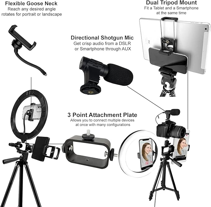 Acuvar Premium 9-Piece Vlogging Kit for iPhone, Android & Cameras – Microphone, Tripod Stand & LED Light – YouTube, TikTok & Content Creator Bundle
