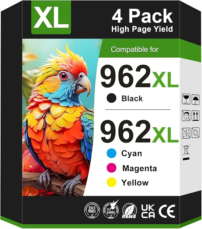 962XL Ink Cartridges Combo Pack Replacement for HP 962 Ink Cartridges HP962XL/962 (4 Pack) Work for HP Officejet Pro 9012e 9015e 9018e 9025e 9010 9012 9015 9018 9020 9025 Printer Ink