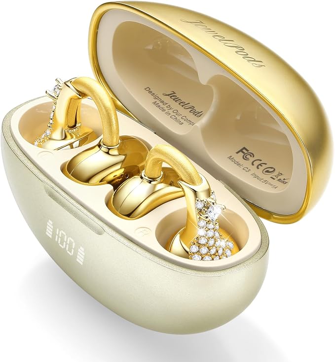 JewelPods C3 Wireless Bluetooth Earbuds, Jeweled Open-Ear Headphones, Gold | Ultra-Light Memory Wire Clip-On Earrings for All-Day Comfort, 60H Playtime, Sweat & Water Resistant, Premium Sound