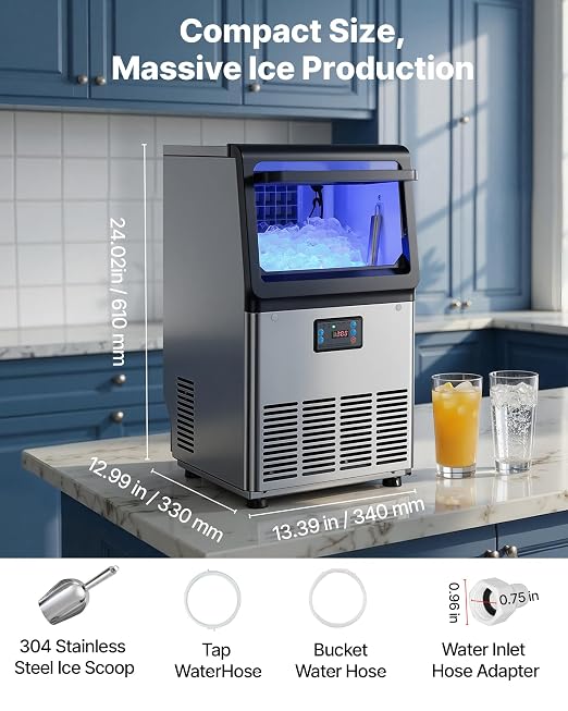 VEVOR Commercial Ice Maker Machine, 90 lbs/24h with 13 lbs Storage Capacity, Dual Water Inlet Countertop/Freestanding/Under Counter, Stainless Steel Ice Maker with LED Display, for Home Bar