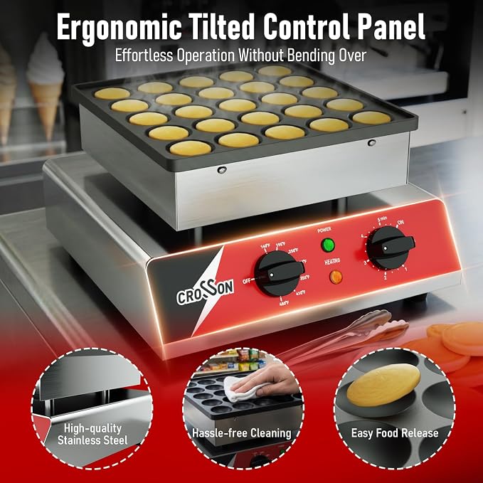 CROSSON Mini Pancake Maker, 25PCS 43mm Diameter Dutch Muffin Waffle Baker, Non-stick Stainless Steel Poffertjes Grill, Commercial Electric Dorayaki Machine W/Temp & Time Control 120V/850W