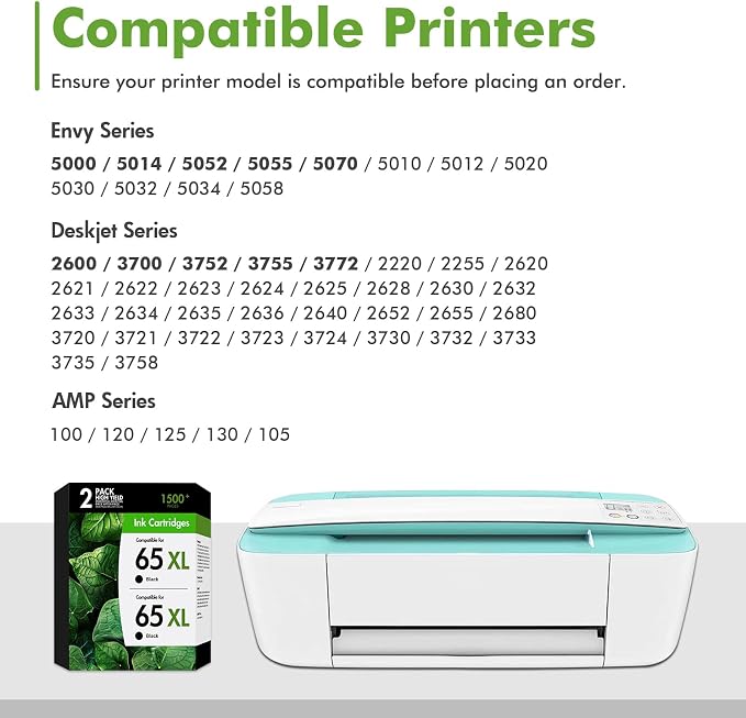 65 65XL Black Ink Cartridges Replacement for HP 65XL Black Ink Cartridge Work for Envy 5055 DeskJet 3755 3700 3772 2600 3752 Envy 5000 5052 5070 Printer High Yield Black 2-Pack