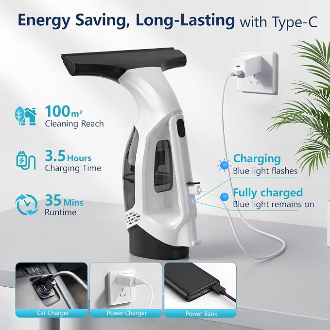 Window Vacuum Squeegee Cordless with Extendable Pole 31-40", 2000Pa Electric Window Cleaner with 2200mAh and 150ml Dirty Water Tank, Long Handle Shower Squeegee for Glass Door, Windows (White)