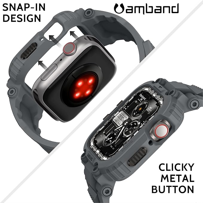 amBand Bands Compatible with Apple Watch 9/8/7 45mm, M1 Sport Series Rugged Case with TPU Strap Military Protective Tough Cover Bumper for iWatch SE3/SE2/SE/6/5/4 44mm Men Gray