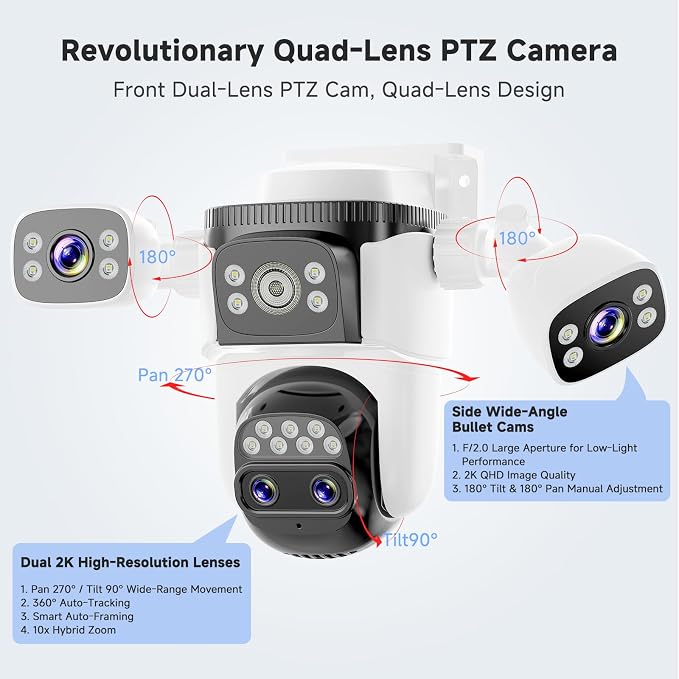 VSTARCAM 4-Lens Security Cameras Wireless Outdoor, 4-in-1 Multi-View 2K 360° PTZ Plug-in WiFi Camera, 10X Hybrid Zoom, AI Motion Tracking, IP66, Color Night Vision for Driveways & Front Doors