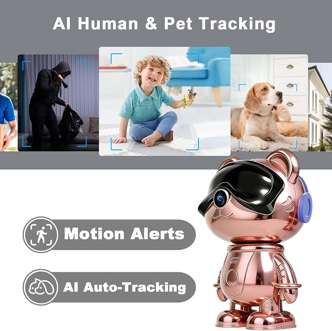 Cute Bear 3K Security Camera – Indoor WiFi Baby Monitor & Pet Camera with AI Motion Tracking & Auto-Follow, 5MP Pan/Tilt, Anti-Glare IR Night Vision, Privacy Mode, Works with Alexa & Google Home（TDB5）