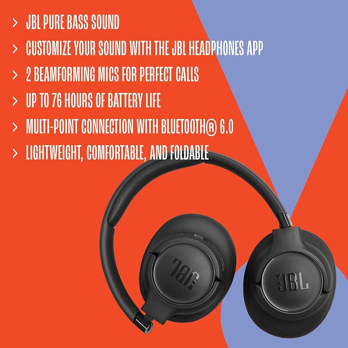 JBL Tune 730BT - Wireless Over-Ear Bluetooth® 6.0 Headphones with Powerful JBL Pure Bass Sound, 2 beamforming mics for Perfect Calls, Up to 76 Hours of Battery Life, & Multi-Point Connection (Blue)