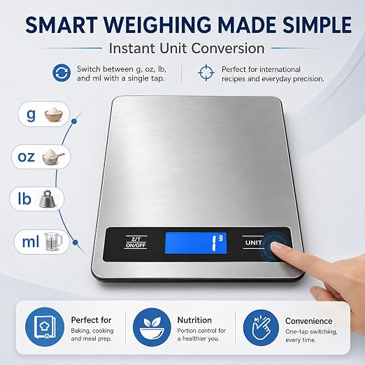 33lb/15kg Kitchen Food Scale, High Precision 1g for pet Care, Cooking, Meat | Stainless steel digital weight scale with timer & backlit LCD, tare & unit conversion (g/oz/ml/lb) for baking, coffee, bread