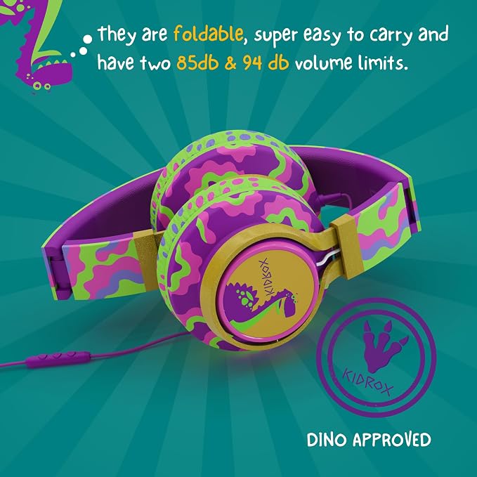 Kidrox® Dinosaur Headphones for Kids Wired with Microphone, Made to Last Durable and Flexible, Volume Limited 85/94db Kid Safe for Kids All Ages, Boys & Girls. Perfect for School or Travel. 3.5 Jack