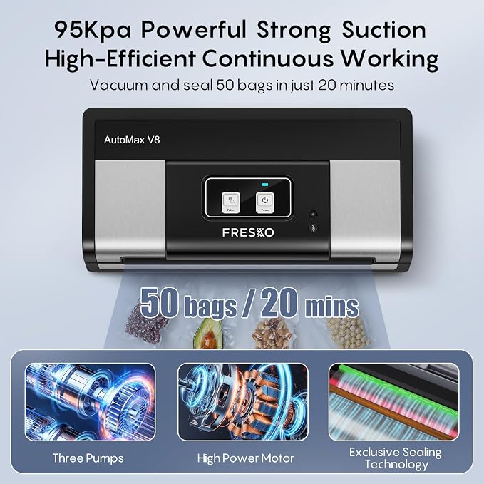 Fully Automatic Vacuum Sealer, 95Kpa Powerful Food Vacuum Sealer Machine, Auto Dry-Wet Detection | Bag Cutter | 2 Rolls Bags & 100 Pcs Precut Bags | Effortless Operation, Silver - Black