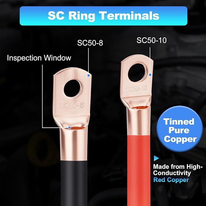 1/0 Gauge Wire 1/0 AWG Battery Cable (20FT Red+20FT Black), Copper Clad Aluminum CCA Amp Wiring Kit, Automotive Wire with Terminals Connectors, for Car Audio Speaker, Marine, RV Trailer