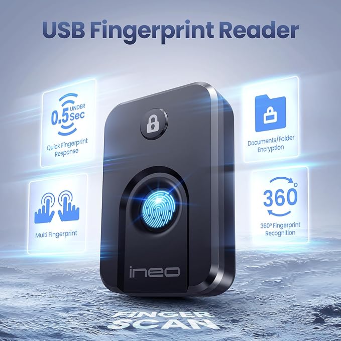 ineo USB Fingerprint Reader for Windows 10/11, Windows Hello, One-Touch Login & Screen Lock, Plug & Play, Password-Free, 5ft Cable [Not for Mac]
