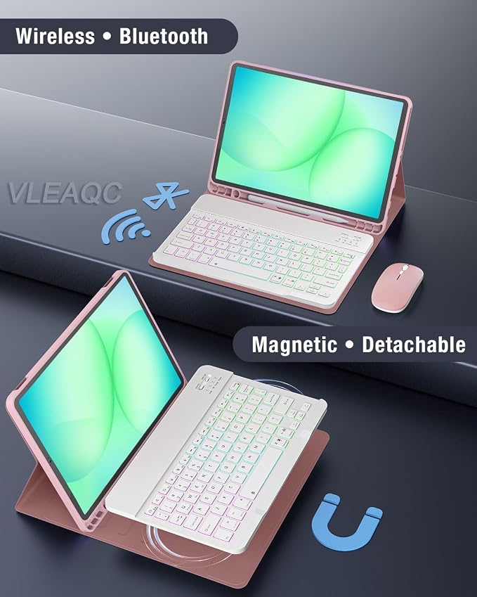 Keyboard Case for Samsung Galaxy Tab A11 Plus 11 Inch 2025 / A9+ Plus 2023 Tablet, Detachable Rainbow Backlit Wireless Keyboard and Mouse, Slim Stand Cover with S Pen Holder (Pink)