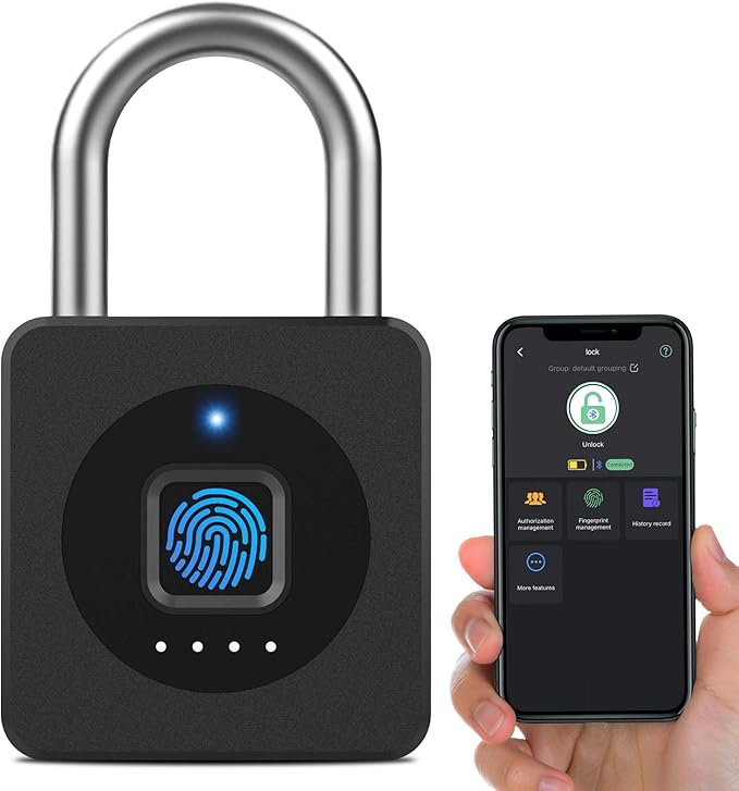 eLinkSmart Fingerprint Gym Locker Lock, Keyless Biometric Padlock, Weatherproof Electronic Digital Bluetooth App Smart Combination Pad Lock for Outdoor Fence Gate Storage Unit Pool Shed - Black