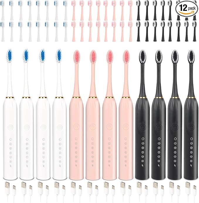 12 Pack Adult Electric Toothbrush Rechargeable Sonic Electric Toothbrush with 4 Brush Heads 6 Modes Timer Function IPX7 Waterproof 3 Colors Available