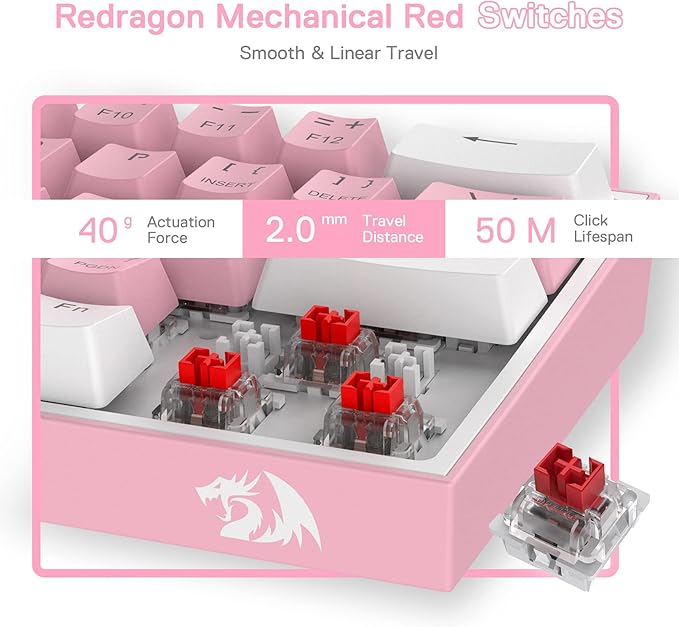 Redragon K617 Fizz 60% Wired RGB Gaming Keyboard, 61 Keys Hot-Swap Compact Mechanical Keyboard w/White and Pink Color Keycaps, Linear Red Switch, Pro Driver/Software Supported