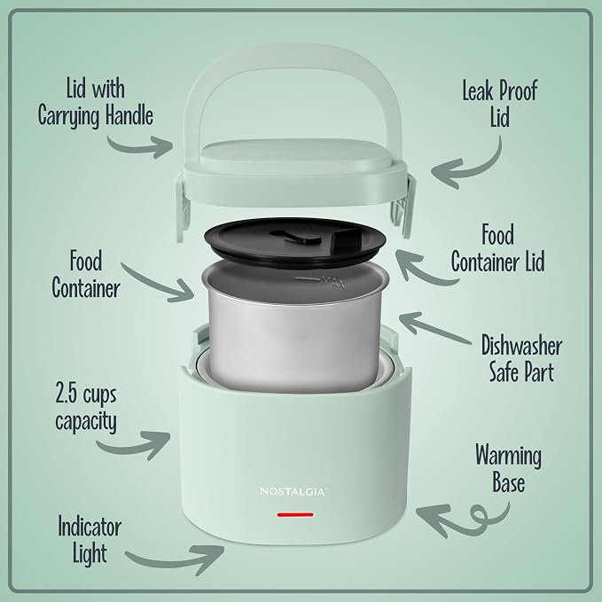 Nostalgia Portable Heated Lunch Box – 2.5-Cup Stainless Steel Food Warmer – Detachable Cord, Leak-Proof Lid, Carry Handle – Portable for Work & Travel – Sage
