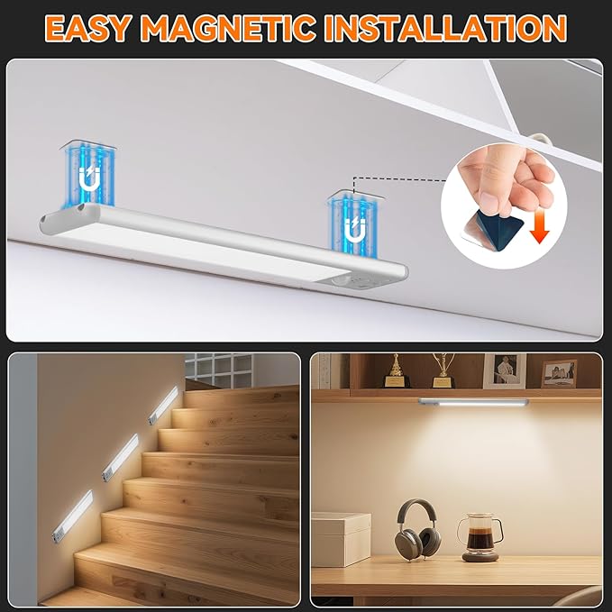 Under Cabinet Lighting Wireless, Rechargeable 10inch Motion Sensor Light Indoor, 3 Color Closet Light Battery Operated with LED Power Display, Magnetic Under Counter Lights for Kitchen, Home (6Pack)