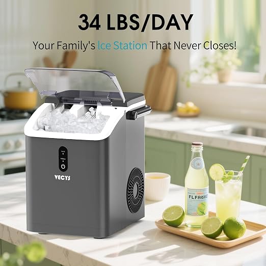 VECYS Nugget Ice Maker, 34LBS/Day Countertop Ice Machine, Self-Cleaning Portable Pellet Ice Maker, Chewable Sonic Ice for Home, Office, Bar