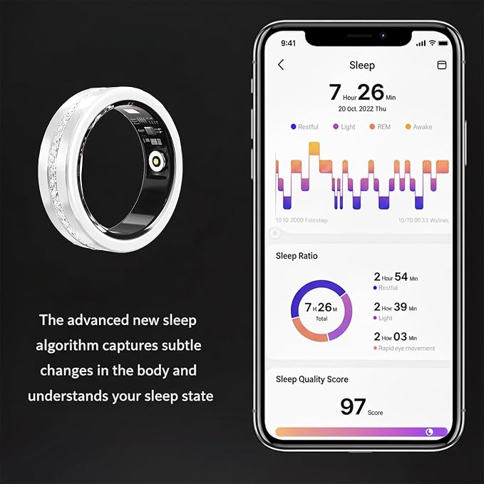 Diamond Smart Ring for Women, Fitness & Vital Signs Monitoring, Sleep Tracker, Remote Photography, No Subscription, Ladies Gift, iOS & Android(Silver,8#)