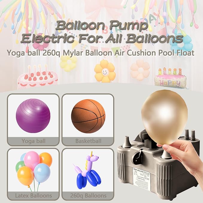 4-in-1 Electric Balloon Pump for All Balloons, Inflatables, and Sports Balls, Portable High Power Triple Inflating Ports for Latex Foil 260q Mylar Balloon
