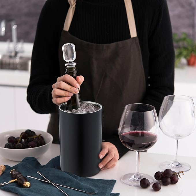 Potchen 6 Pack Wine Chiller Bucket Wine Bottles Cooler Bulk, Stainless Steel Double Wall Insulated Champagne Ice Bucket for Parties,Fits for 750 ml Bottles(Black)