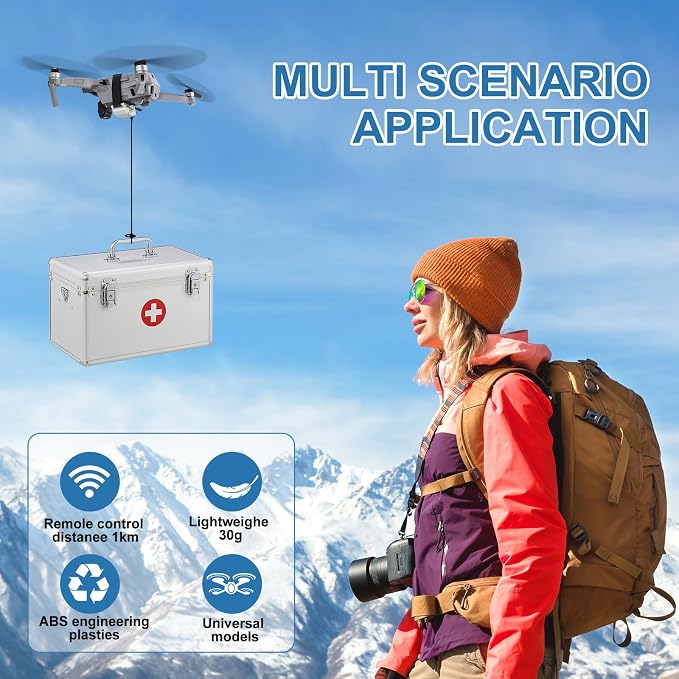 Universal Drone Airdrop System Compatible with DJI Mavic Mini 4 Pro, Mini 3, Mini 2, Air 2, Air 2S, Mavic 3 Pro, Mavic 2 - Payload Clip, Release Device, Airdropper with Fish Bait Ring Thrower Accessories (Drones Not Included)