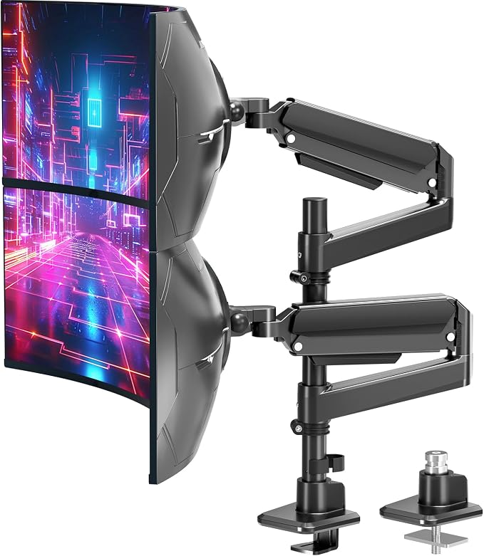 MOUNT PRO Dual Monitor Arm for Max 49" Ultrawide Screens up to 44 lbs, Heavy Duty Extra Tall Monitor Desk Mount, Vertical Stacked Adjustable Dual Monitor Mount, VESA Mount 75x75mm/100x100mm