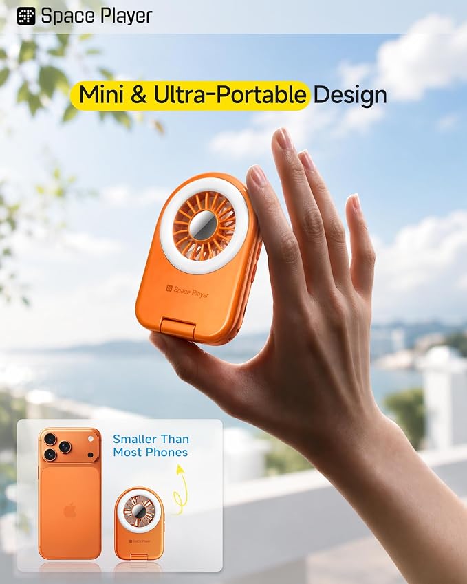Space Player MagSafe Magnetic Cooling Fan for iPhone & Android Portable Phone Cooling Fan with LED Light Rechargeable Mini Handheld Fan 3-in-1 Magnetic Desk Fan for Gaming Travel & Outdoor Use White