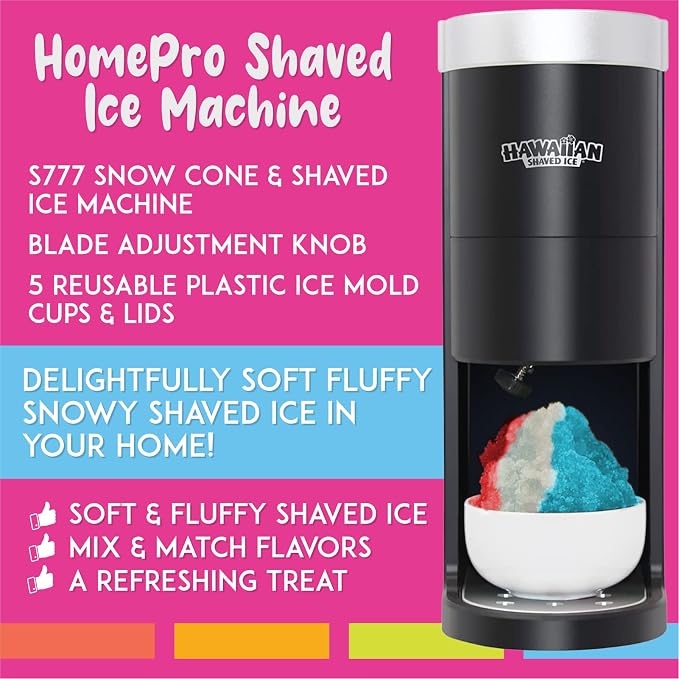 Hawaiian Shaved Ice HomePro Snow Cone and Shaved Ice Machine featuring blade adjustment knob bundled with Hawaiian Shaved Ice Mini Snow Cone Machine - Portable Countertop Ice Shaver with No Slip Base