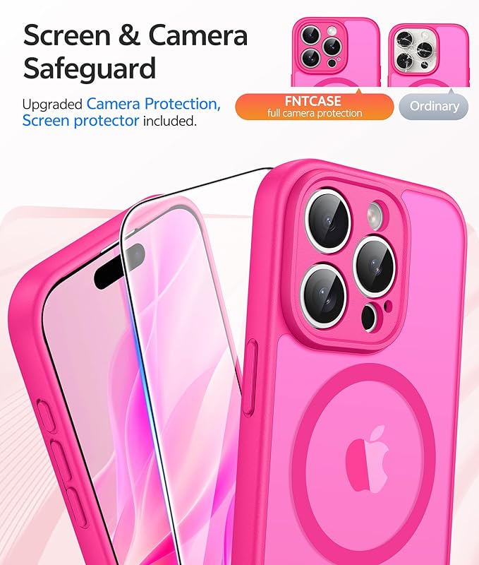 FNTCASE for iPhone 15 Pro Case: [Compatible with Magsafe] Translucent Matte Cases with [Full Camera Protection] [Screen Protector] Military Grade Shockproof Protective Phone Cover - Hot Pink