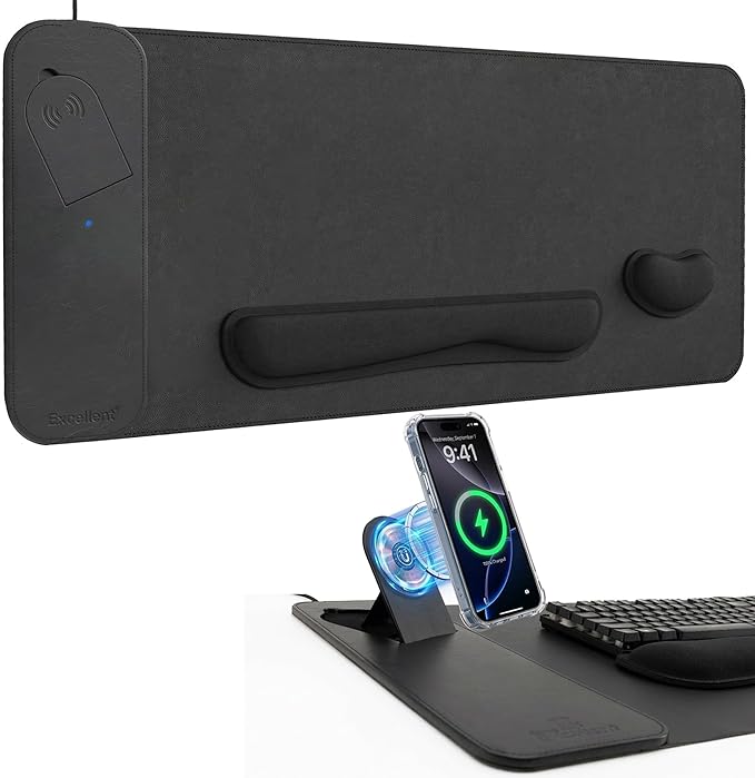 15W Fast Charging Desk Mouse Pad,View Angle Ergonomic Foldable Magnetic Phone Charger,35.4x15.7in PU Leather Large Wireless Charging Desk Mat with Keyboard & Mouse Wrist Rest for Gaming,Office,Mac